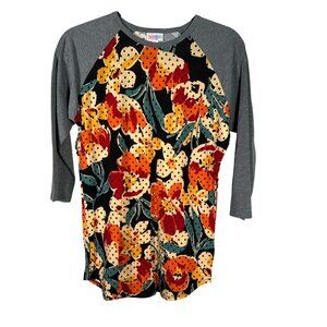 LuLaRoe RANDY Black Gran Floral Hibiscus Flower Yellow Raglan Tee Shirt SMALL S